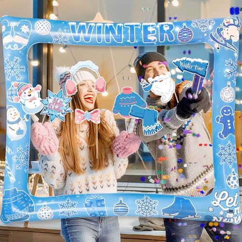 Winter Photo Booth Props Inflatable Frame, 30Pcs Winter Wonderland Photo Props with Inflatable Picture Frame Large for Frozen Holiday Party Selfie Supplies - color: Winter