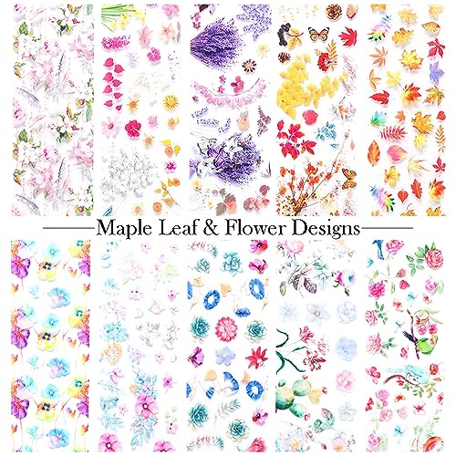Maple Leaf Nail Foil Transfer Sticker Decals Fall Flowers Nail Art Foil Decals Holographic Autumn Lavender Designs Nail Art Supplies for Thanksgiving Day Women Nail Decorations Films 10 Sheets - style: Maple Leaf
