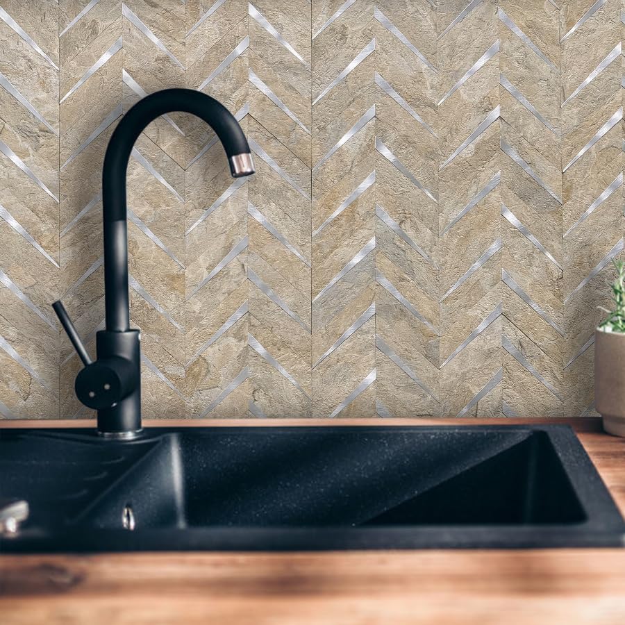 DICOFUN 10-Sheet Sandstone Look Herringbone Peel and Stick Backsplash for Kitchen, PVC Mixed Metal Gold Chevron Stick on Backsplash Wall Tiles - color: Sandstone and Metal Silver, size: 10 Sheets, 12"x12"x0.12"
