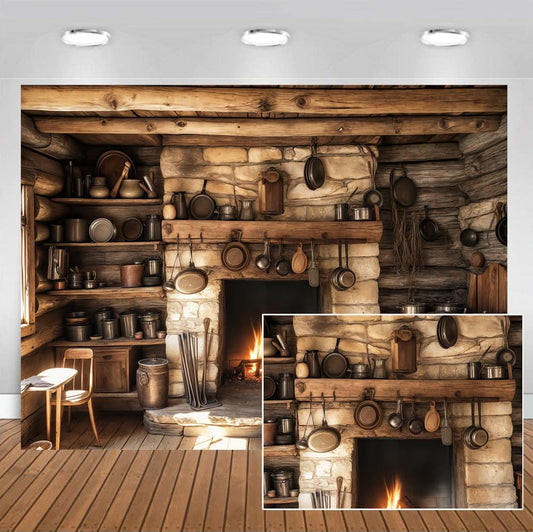 Rustic Kitchen Backdrop, Farmhouse Western Old Wooden House Kitchen Interior Background Rural Fireplace Cooking Utensils Background, Party Decoration Studio Photography Banner Booth Props 20x10ft - color: A-Color, size: 20X10FT