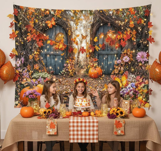 5X3ft Enchanted Forest Fall Backdrop Autumn Fairy Tale Magic Garden Wonderland Pumpkin Maple Floral Butterfly Photography Background for Kids Baby Shower Birthday Party Decoration Photo Booth Props - color: Multi13, size: 5x3ft
