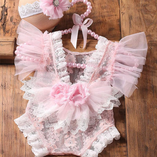 Newborn Photography Props Outfits Princess Baby Girl Pearl Lace Rompers Headdress Infant Baby Girl Photoshoot Costume - color: Pink2