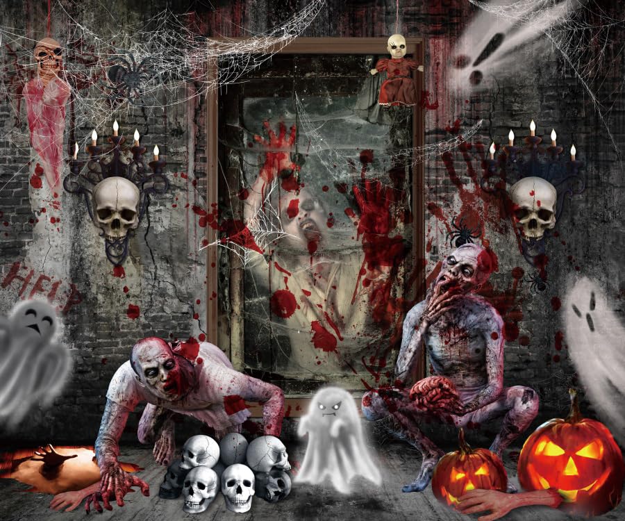 Halloween Backdrop for Photography 10x8ft Horror Ghost Skull Zombie Halloween Photo Backdrop Scary Haunted House Photography Background Party Decorations Kids Adult Portrait Photo Booth Props
