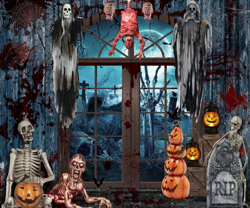 Halloween Backdrop for Photography 10x8ft Scary Haunted House Halloween Photo Backdrop Horror Cemetery Bloody Zombie Skulls Photography Background Party Decor Kids Adult Portrait Photo Booth Props