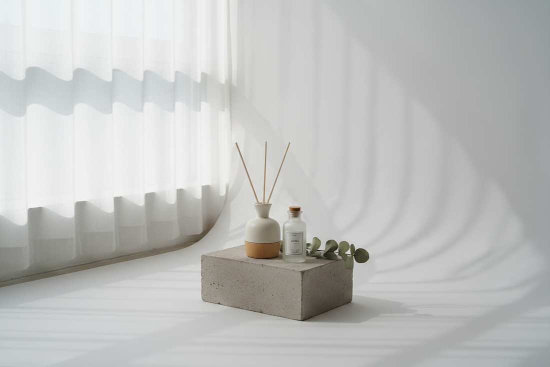A bright and minimal product photography setup near a window with soft natural light, featuring a clean backdrop and a styled product.