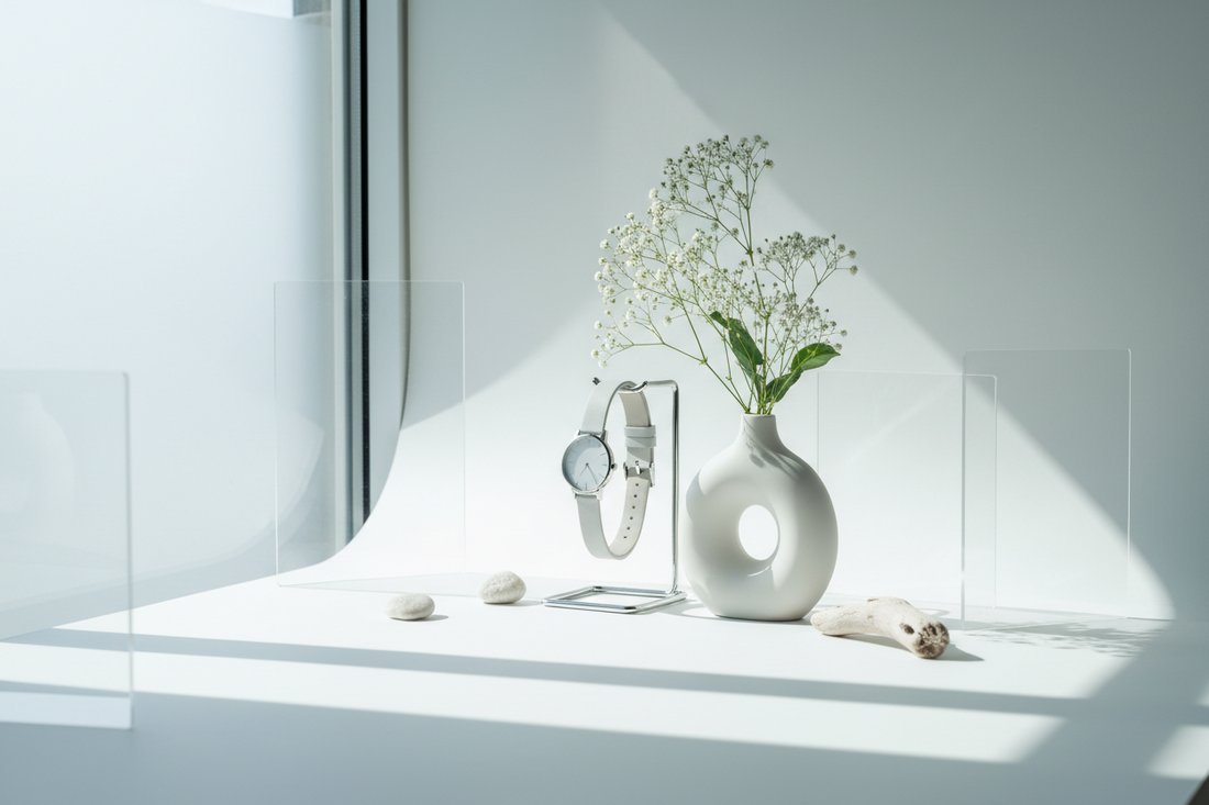 A bright product photography setup near a window with soft natural light and a clean minimal background.