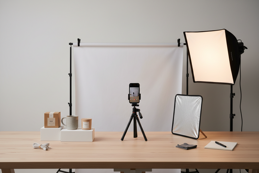 A clean at-home product photography setup with a camera tripod, phone holder, neutral backdrop, small product display, soft studio lighting, reflector card, and organized tabletop surface in a professional small business style. No text.