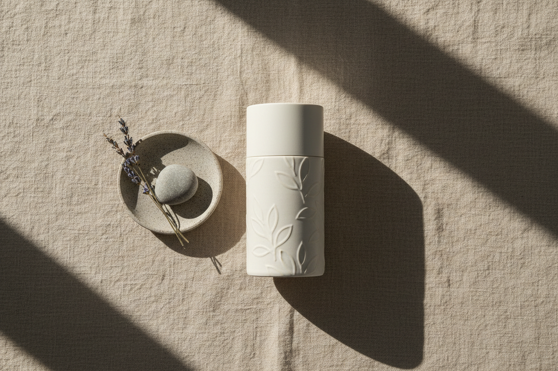 A clean flat lay photography setup with a product styled on a neutral textured surface under soft natural light.