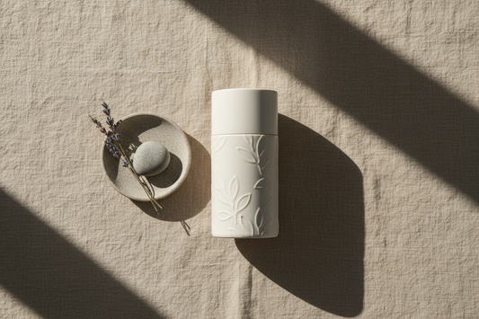 A clean flat lay photography setup with a product styled on a neutral textured surface under soft natural light.