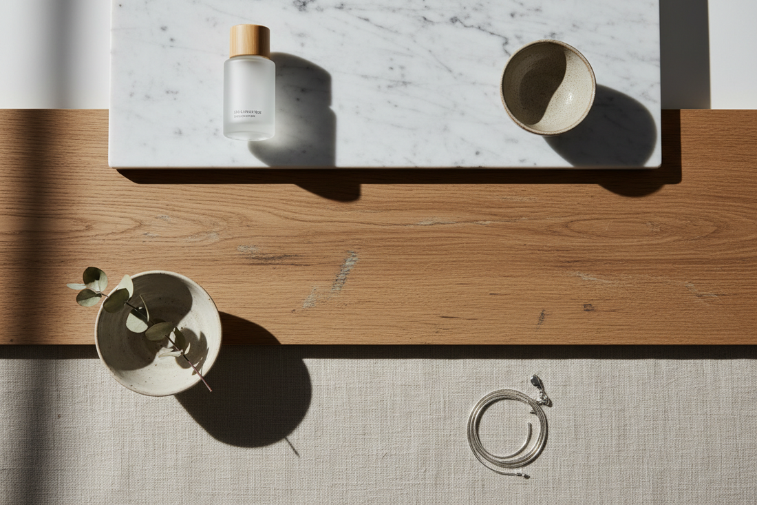 A clean product photography setup featuring different backdrop textures including marble, wood, and linen under soft natural light.