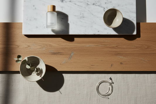 A clean product photography setup featuring different backdrop textures including marble, wood, and linen under soft natural light.