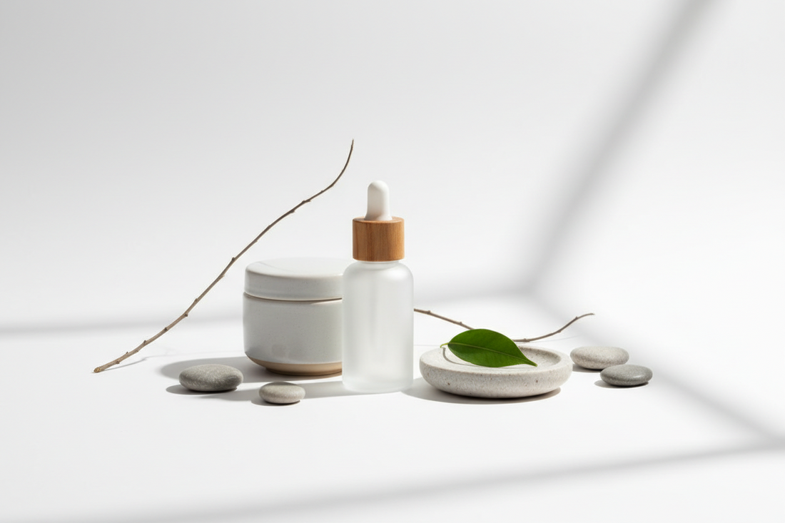 A clean product photography setup with a backdrop, soft lighting, and minimal props arranged in a simple and professional layout.