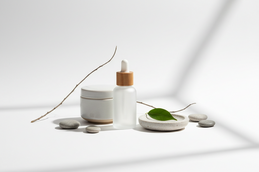 A clean product photography setup with a backdrop, soft lighting, and minimal props arranged in a simple and professional layout.
