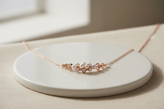 A delicate jewelry piece placed on a clean neutral surface with soft, diffused light. The scene is minimal and refined, highlighting fine details and subtle reflections.