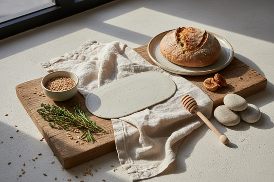 A food setup with simple props like a linen napkin and wooden board, arranged naturally around the product.