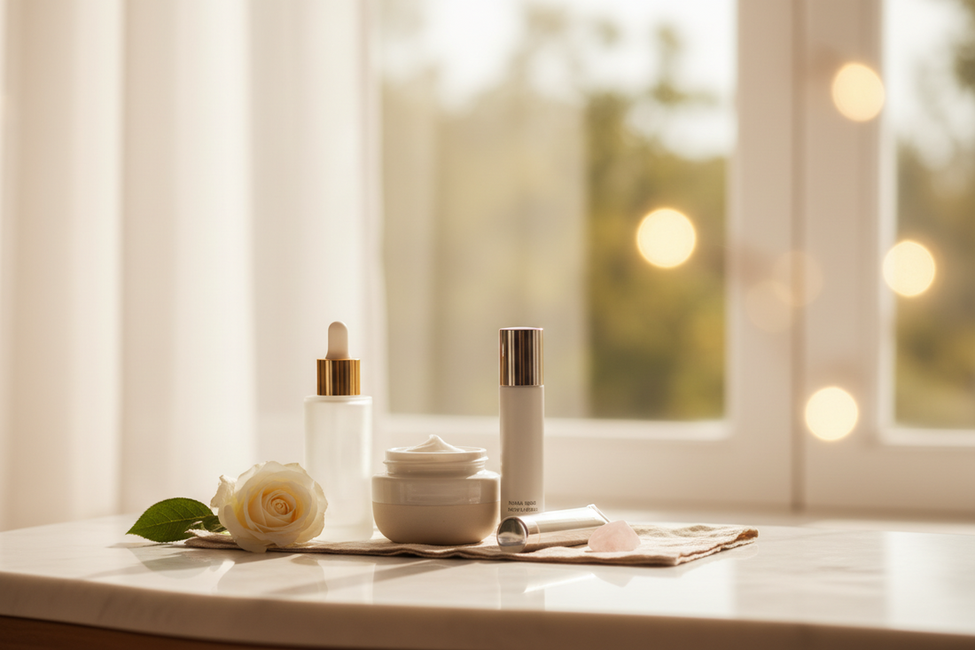 A softly lit cosmetic setup near a window, with diffused light evenly illuminating the product and creating a smooth, glowing effect.