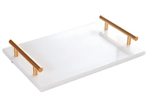 Genuine Marble Tray Bathroom Tray with Golden Handle, Natural Stone Decorative Tray with Metal Handle for Bathroom Kitchen Vanity Dresser Nightstand Desk, 11.8" x 7.9" White - color: White