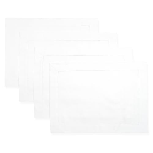 D'Moksha Homes White Linen Placemats Set of 4 - Classic Hemstitch Placemats 14 x 19 Inch - 100% Pure Linen Table Mats for Spring - Handcrafted and Machine Washable - color: 09 - White