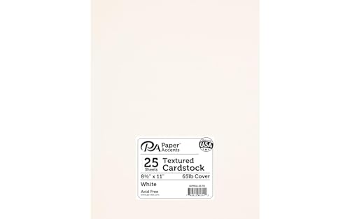 PA Paper Accents Textured Cardstock 8.5” x 11” White, 65lb colored cardstock paper for card making, scrapbooking, printing, quilling and crafts, 25 piece pack - color: White