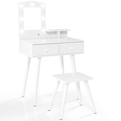 Arlopu Kids Vanity Set and Mirror, Wooden Pretend Play Vanity Table and Chair Set for Girls with Stool, Drawer, Princess Makeup Dress-Up Toy for Toddlers 3+Year Old (White) - color: White