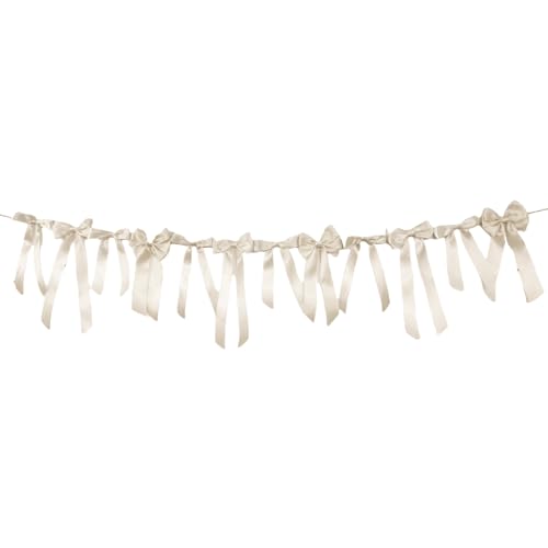 Meseey Ivory Satin Bow Garland Banner, Coquette Decor for Bachelorette Party, Bridal Shower Backdrop, Wedding Engagement Birthday Party Supplies, Photo Booth Props, Ivory Satin Ribbon Bow Decorations - color: Ivory