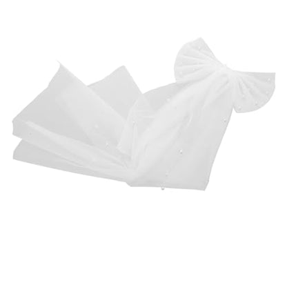 White Bridal Veil Hair Bow Clip with Faux Pearls Double-layer Bow Wedding Accessory for Bride Engagement Photoshoot