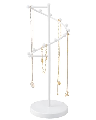 Lolalet Necklace Stand with 11 Hooks, Helix-shaped Jewelry Organizer Metal Rack Long Necklaces Hanging Display Holder Round Base Antique Jewelry Bracelets for Girls Women Wife -White - color: White