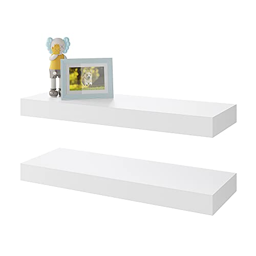 BAMEOS Floating Shelves, White Wall Mounted Wooden Shelves with Invisible Brackets Set of 2, Hanging Wall Shelves Decoration for Bedroom, Bathroom, Living Room and Kitchen - color: White, size: 16x6 2Pcs