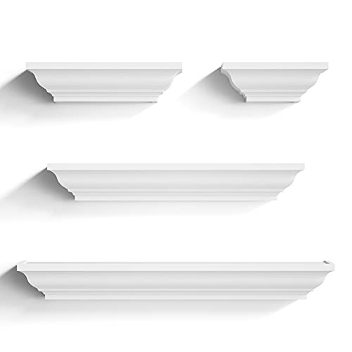SRIWATANA White Floating Shelves, 24 Inch Solid Wood Storage Wall Shelves Set of 4 Display Ledge Shelves Decor for Bedroom, Living Room, Bathroom, Kitchen - White - color: White