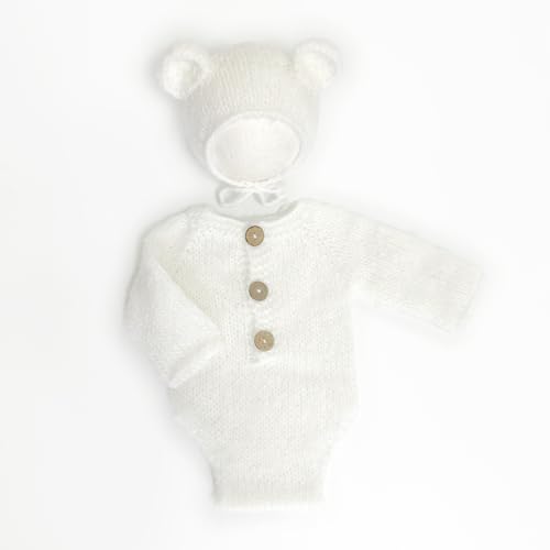 2Pcs Newborn Photography Props Boy Photo Posing Outfits Baby Photoshoots Girl Crochet Bear Hat Romper - color: White-shorts