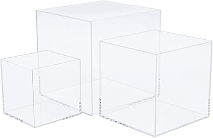 Clisela 3pcs Acrylic Cube Display Stands Box Risers with Hollow Bottoms, Food Risers for Buffet Table, Decorative Display Stand Shelf for Dessert Collectibles Jewelry Figures Show - Clear 3" 4" 5" - size: (3,4,5)"- Clear