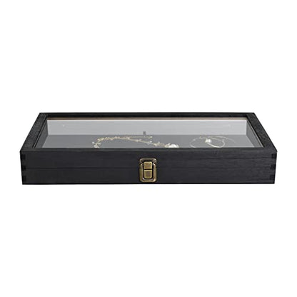 MOOCA Wooden Jewelry Display Case, Pocket Knife Display Case with Tempered Glass Top Lid and Removable Black Luxurious MDF Velvet Jewelry Pad, Black Color - color: 2) Black