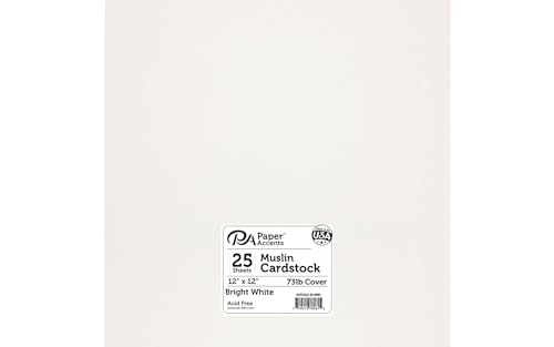 PA Paper Accents Muslin Cardstock 12" x 12" Bright White, 73lb colored cardstock paper for card making, scrapbooking, printing, quilling and crafts, 25 piece pack - color: Bright White