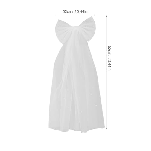 White Bridal Veil Hair Bow Clip with Faux Pearls Double-layer Bow Wedding Accessory for Bride Engagement Photoshoot