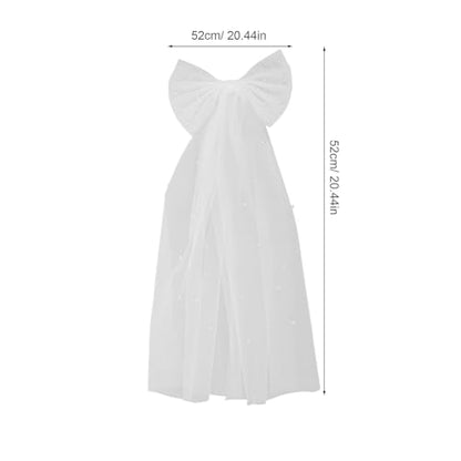 White Bridal Veil Hair Bow Clip with Faux Pearls Double-layer Bow Wedding Accessory for Bride Engagement Photoshoot