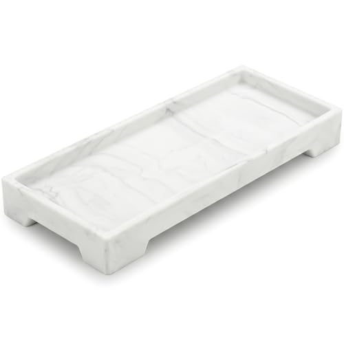 Countertop Vanity Tray - Silicone Bathroom Sink Organizer & Kitchen Soap Tray, Footed Anti-Slip Design, Waterproof Caddy for Perfume, Jewelry, Makeup, Bottle, Oil, Sponge Holder, White Marble 10"x4.2" - color: White Marble