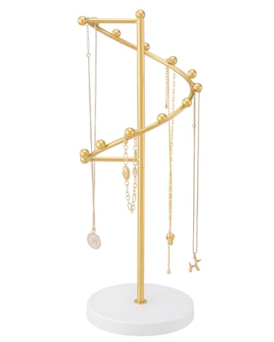 Lolalet Necklace Stand with 11 Hooks, Helix-shaped Jewelry Organizer Metal Rack Long Necklaces Hanging Display Holder Round Base Antique Jewelry Bracelets for Girls Women Wife -Gold - color: Gold