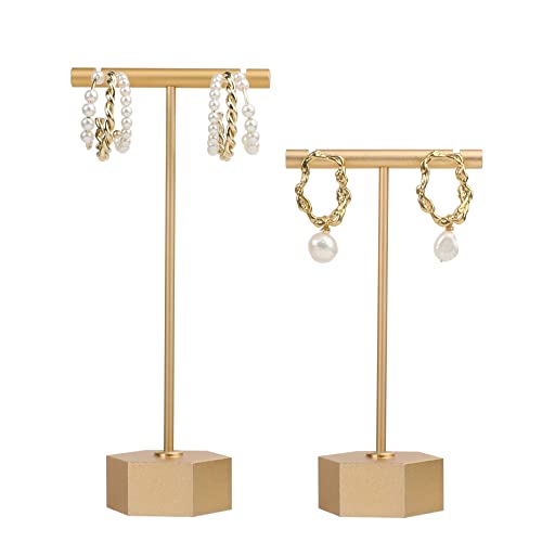 Gold Metal 2pcs T Bar Earring Retail Display Stand for show, Tabletop Jewelry Tower Holder for Girl Women【Gold-Hexagon Base 2pcs Height 4.5" and 5.3"】 - color: A3/Gold Hexagon Base 2pcs Height 4.5" and 5.3"