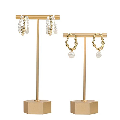 Gold Metal 2pcs T Bar Earring Retail Display Stand for show, Tabletop Jewelry Tower Holder for Girl Women【Gold-Hexagon Base 2pcs Height 4.5" and 5.3"】 - color: A3/Gold Hexagon Base 2pcs Height 4.5" and 5.3"