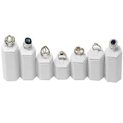 Mooca Ring Stand Holder Display Tower Jewelry Organizer, Ring Display Holder, Pedestals Display 7 Pcs Set Perfect for Showcase, White Faux Leather - color: White Faux Leather