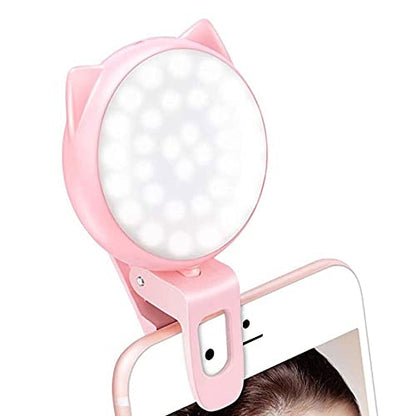 OURRY Selfie Clip on Ring Light, Mini Rechargeable 9 Level Adjustable Brightness Modes with 32 LED, 2-8 Hours, USB Flash Lighting for iPhone/Android, Cell Phone Photography,Video, Vlogging - Pink