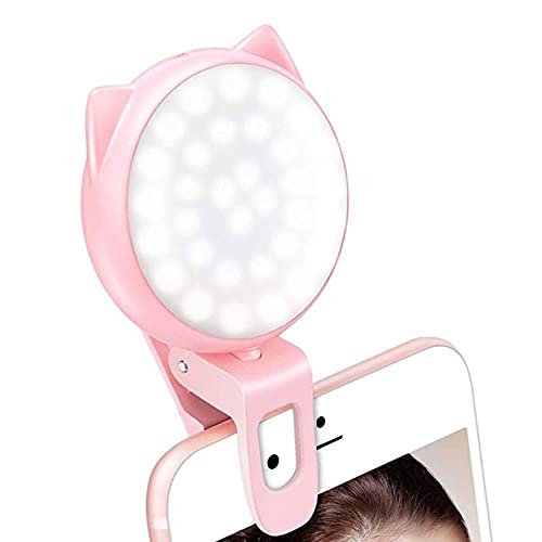 OURRY Selfie Clip on Ring Light, Mini Rechargeable 9 Level Adjustable Brightness Modes with 32 LED, 2-8 Hours, USB Flash Lighting for iPhone/Android, Cell Phone Photography,Video, Vlogging - Pink