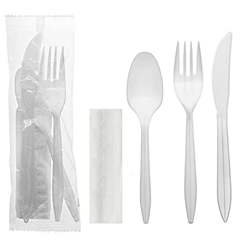 Party Essentials Individually Wrapped Plastic Cutlery Packets/Silverware Kits, White Fork/Spoon/Knife/Napkin, 50 Sets - color: White Fork/ Spoon/ Knife/ Napkin, size: 50 Sets