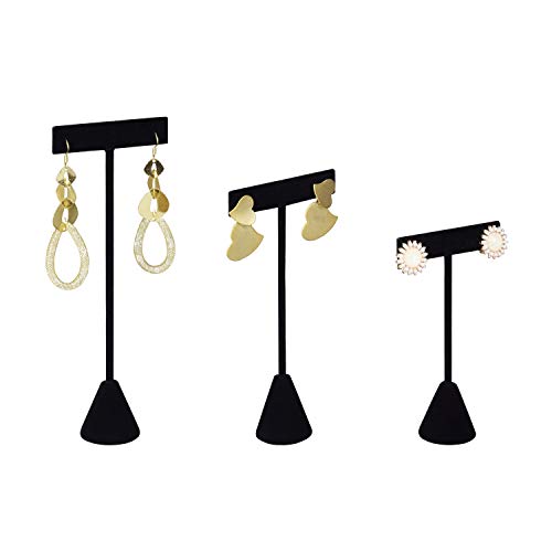 Ikee Design 6Pcs Set Earring T Stand Display Set with 3 Different Heights, T Shape Jewelry Earring Showroom and Tradeshow Showcase Displays, Black Velvet, 4 1/2 H in ; 5 3/4 H in; 6 3/4 H in - color: Black Velvet, 3 Heights
