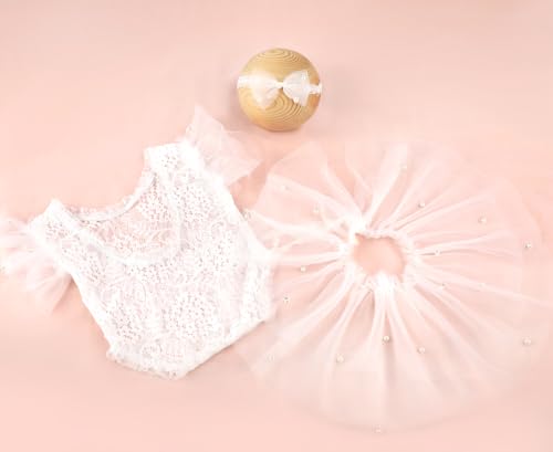 BLUETOP Cute Newborn Photography Outfits Boys Girls Baby Costume Set - style: 03 White Pearl Lace Rompers