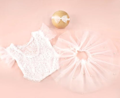 BLUETOP Cute Newborn Photography Outfits Boys Girls Baby Costume Set - style: 03 White Pearl Lace Rompers