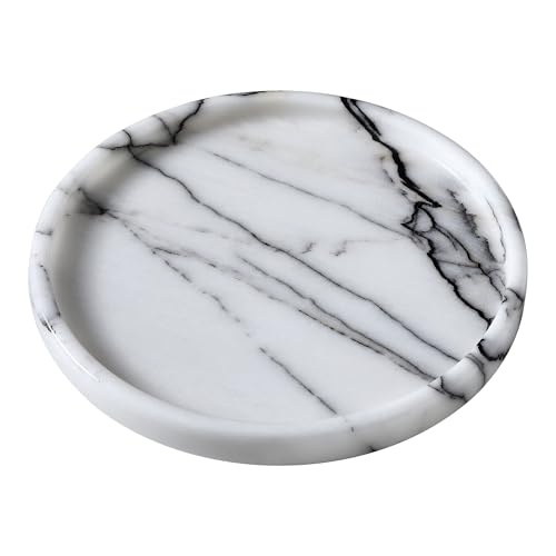 Lilac Marble Round Tray - 8 Inch Bathroom & Vanity Organizer for Jewelry, Perfume, Watches, Coasters | Makeup, Dining Table, Coffee Table Decorative Holder - color: White