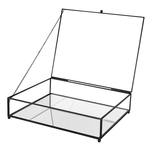 REDHUGO Large Glass Boxes for Display Handmade, Mirrored Bottom, Glass Jewelry Trinket Box with Lid, for Book, Photo, Keepsake Organizer, Display Case for Vanity Decor Home Dresser, Black - color: Black, size: Low: 10.4"L × 8.5"W × 2.6"H