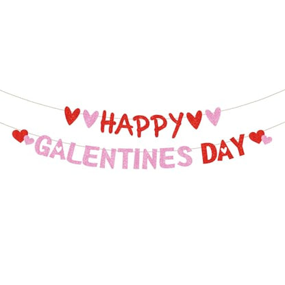 Happy Galentine’s Day Decorations Pre-Assembled Red Glittery Heart Banner Valentines Day Sign Ladies Girls Birthday Party Photo Prop Supplies