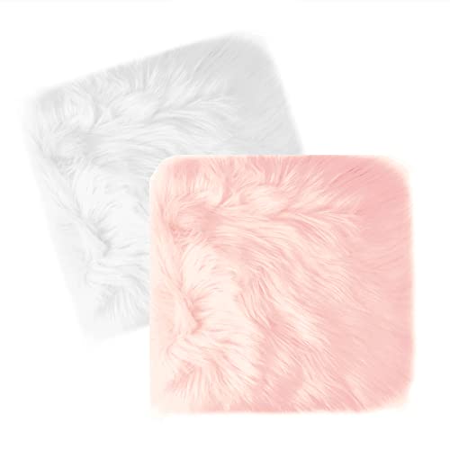 Pack of 2, Faux Fur Plush Cushion Fluffy Square Small Area Rug, Luxury Background for Small Items/ Jewelry/ Nail Art Desk Photos, Product Display & School Locker Decor (White + Pink) - color: White + Pink